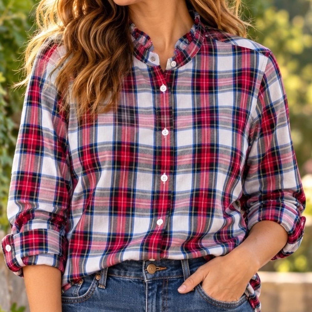 J.Crew Women Red Blue White Plaid Ruffle Mandarin Collar Button Down Shirt M